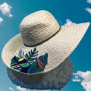 Extra Wide Brim Straw Hat with Tropical Embroidery Detail
